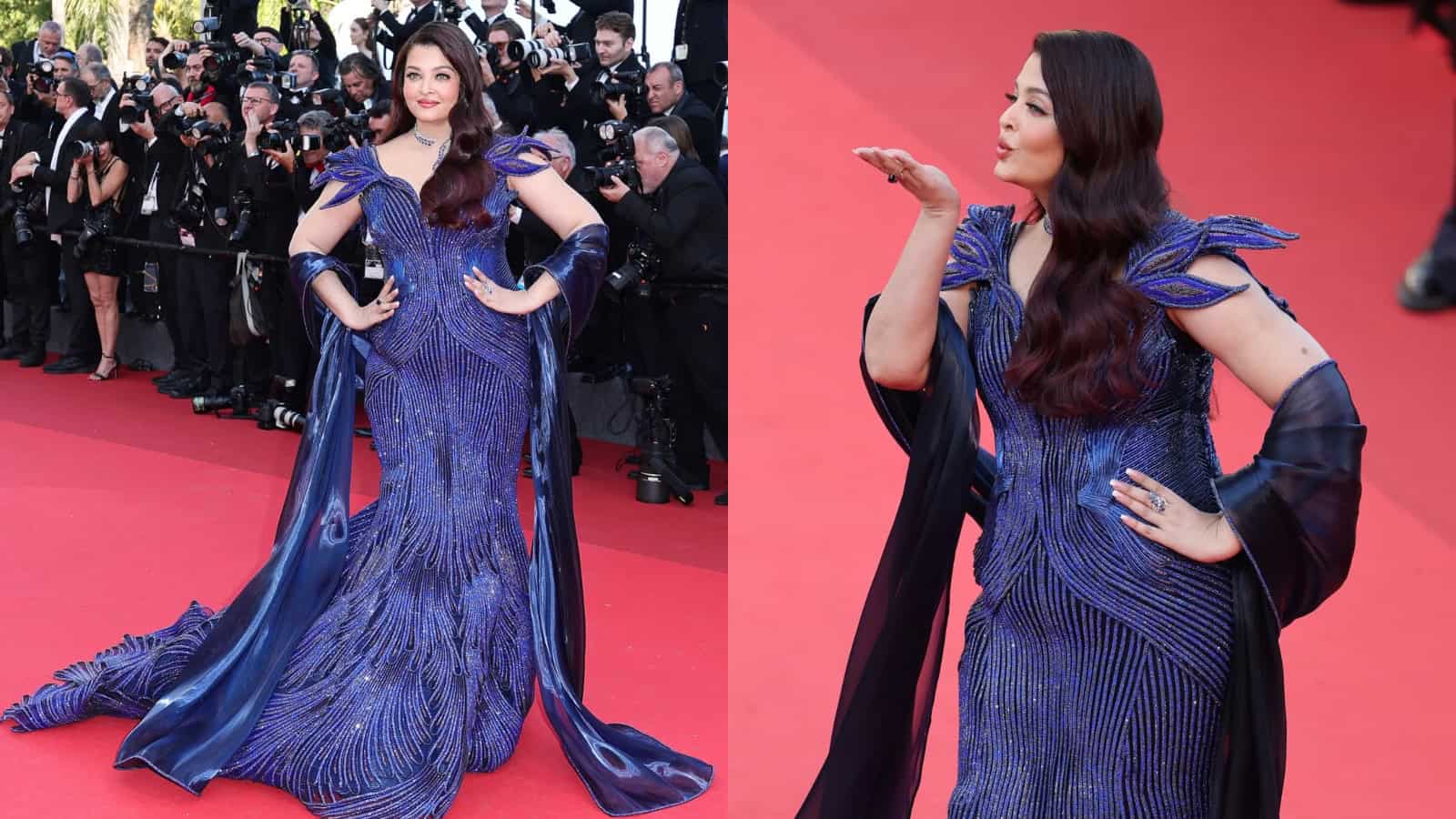 A woman in a stunning blue evening gown on the red carpet at a formal event.
