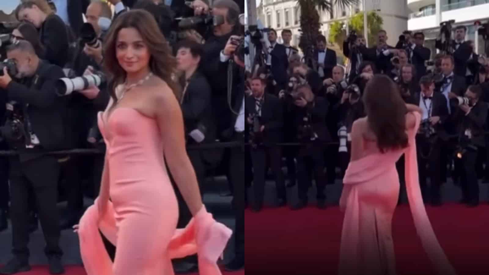 Gangu at Cannes wearing a pink gown, surrounded by photographers and media at the red carpet event.