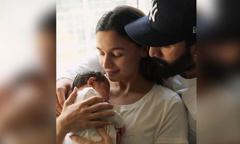Alia Bhatt and Ranbir Kapoor with their newborn, celebrating their growing family.