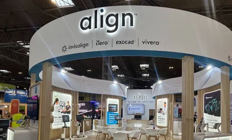 Trade show booth for Align Dental Care featuring Invisalign, iTero, Exocad, and Vivera products.