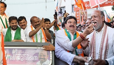 Telangana Congress and BJP leaders celebrating victory in ongoing Assembly polls.