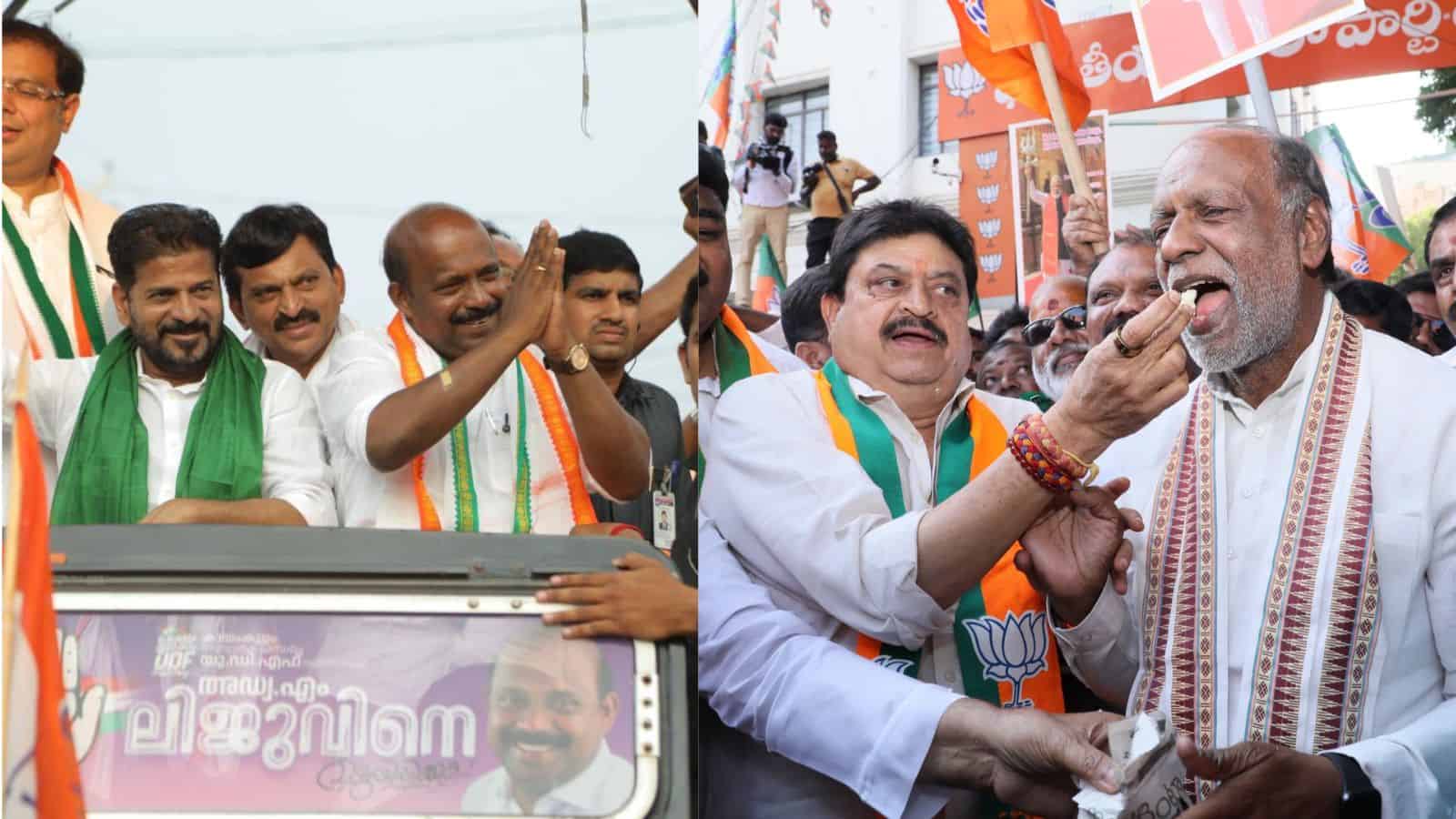 Telangana Congress and BJP leaders celebrating victory in ongoing Assembly polls.