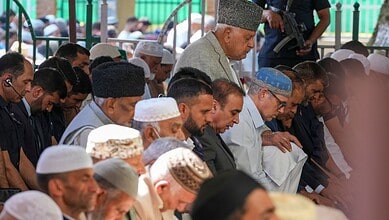 Srinagar: Jammu and Kashmir National Conference (JKNC) President Farooq Abdullah and Vice-President and Chief Minister Omar Abdullah offer Eid al-Adha prayers, in Srinagar, Wednesday, May 27, 2026. (PTI Photo/S Irfan)