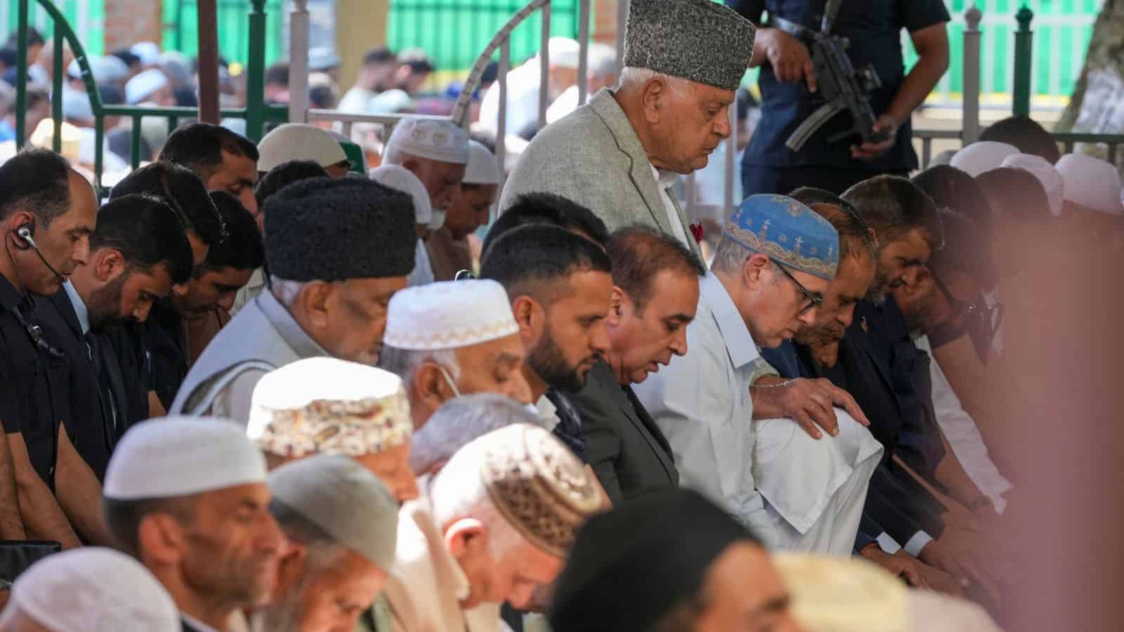 Srinagar: Jammu and Kashmir National Conference (JKNC) President Farooq Abdullah and Vice-President and Chief Minister Omar Abdullah offer Eid al-Adha prayers, in Srinagar, Wednesday, May 27, 2026. (PTI Photo/S Irfan)