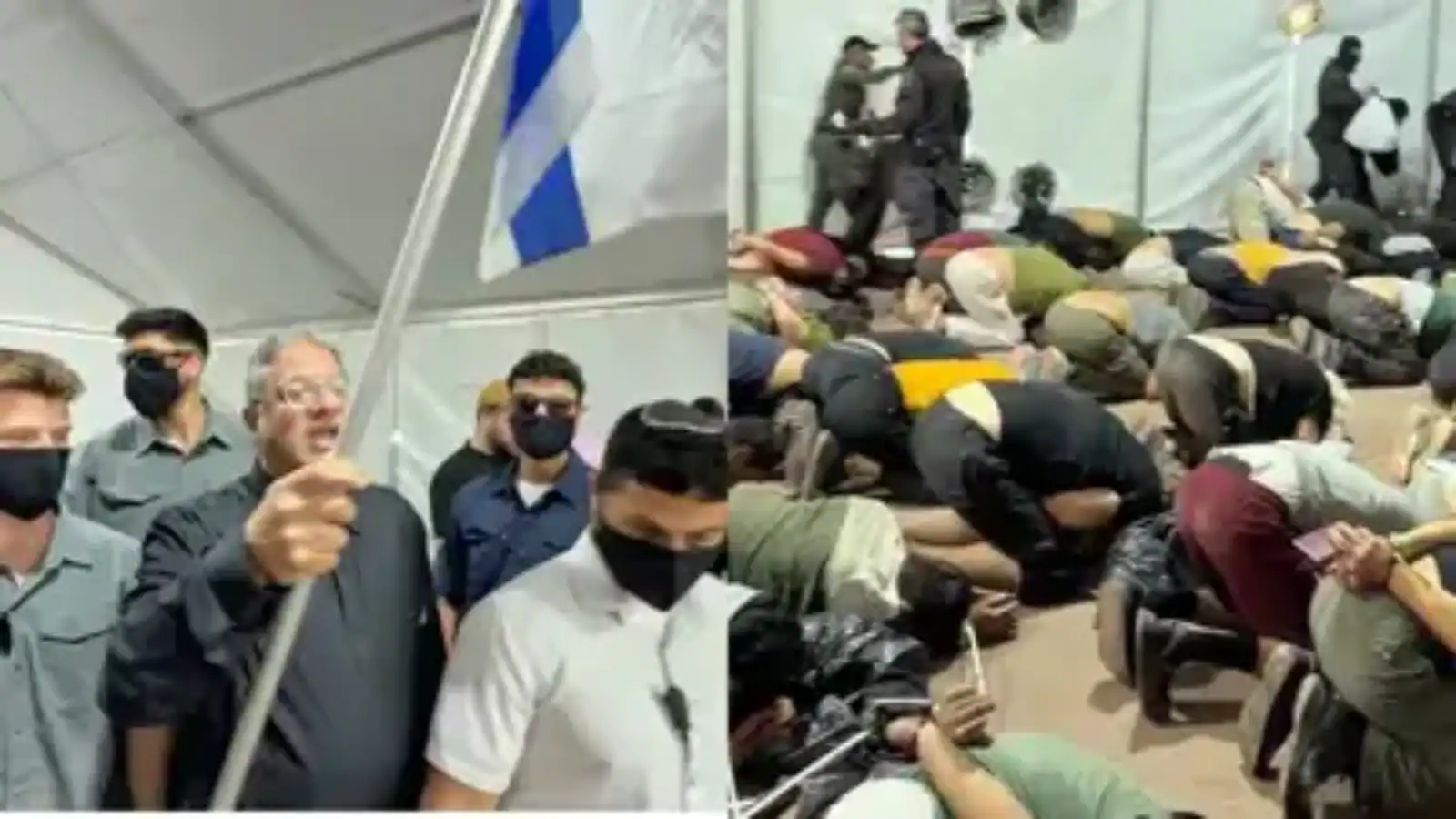 Israeli National Security Minister Itamar Ben-Gvir holds a flag as detained Gaza-bound flotilla participants kneel with their hands tied in Ashdod.