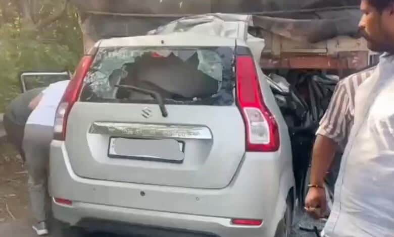 Accident scene showing a damaged white car after a crash on Shamshabad ORR, Hyderabad.