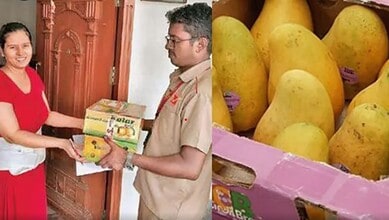 A woman receiving a package from a delivery person at her home door.