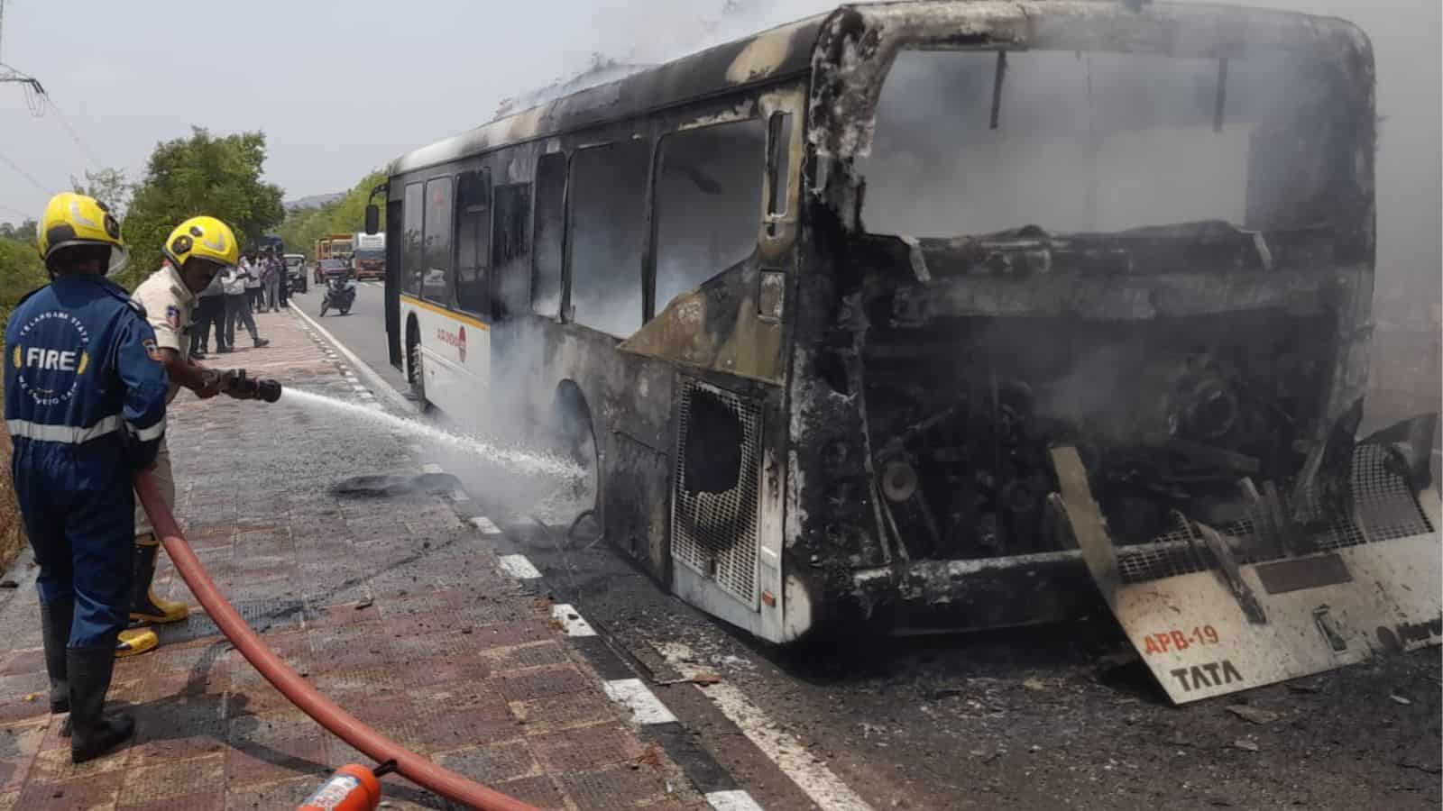 Hyderabad: Air India bus catches fire at ORR service road, no casualties