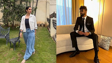 A woman in casual attire walking in a garden, and a man in a suit sitting on a sofa indoors.