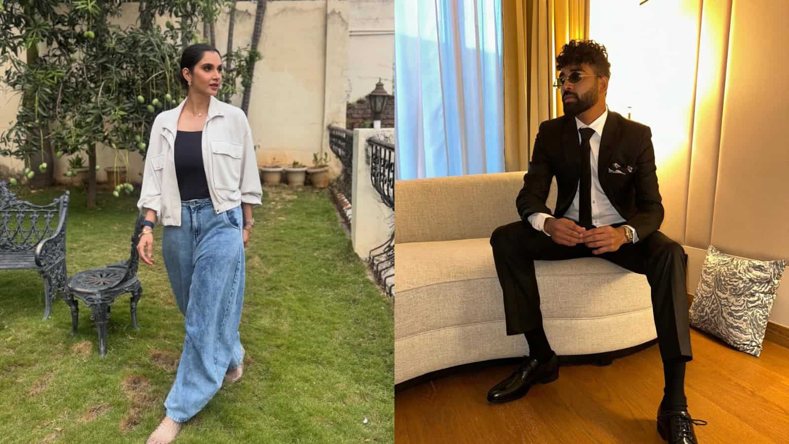 A woman in casual attire walking in a garden, and a man in a suit sitting on a sofa indoors.