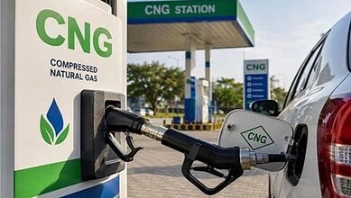 CNG fuel pump refilling a car at a compressed natural gas station, showcasing eco-friendly fuel options.
