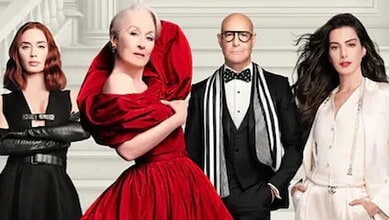 Four actors from The Devil Wears Prada 2 cast posing on stairs in stylish outfits.