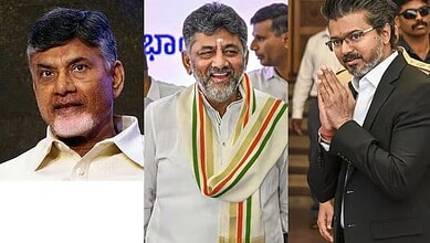 From left: Chandrababu Naidu, DK Shivakumar and Vijay