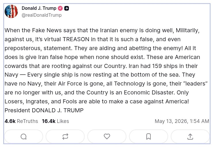 Screenshot of a social media post by Donald Trump criticising US media coverage of Iran and claiming Iran’s naval and military capabilities have been destroyed.