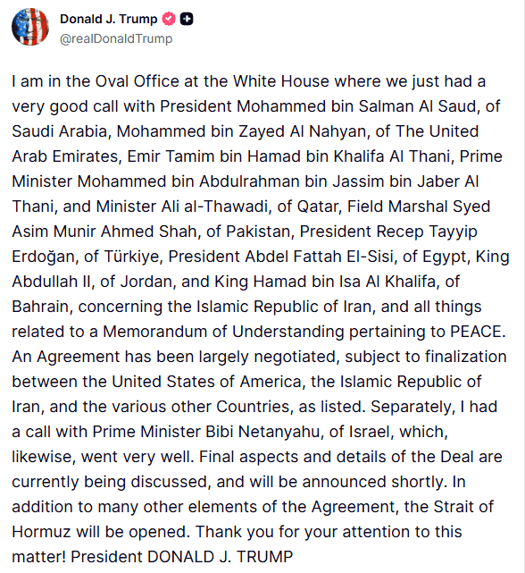Screenshot of Donald Trump’s Truth Social post claiming an Iran agreement is largely negotiated after talks with regional leaders.