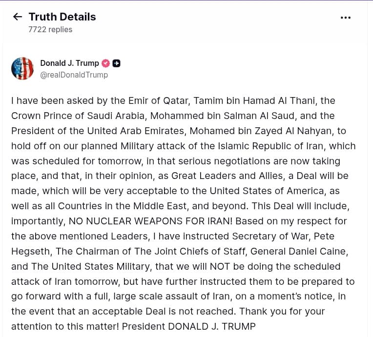 Screenshot of Donald Trump’s Truth Social post announcing delay of planned US attack on Iran amid nuclear talks.