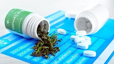 Seized cannabis and MDMA tablets displayed on a blue police evidence sheet in Hyderabad.