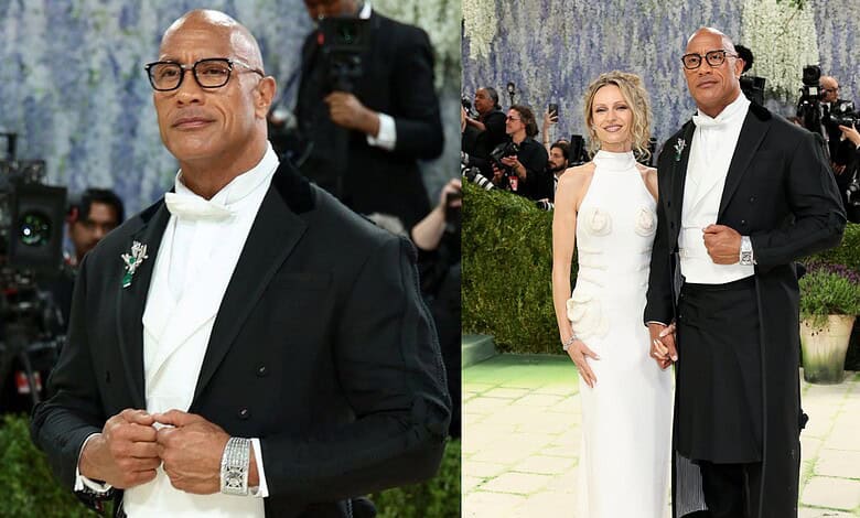 Dwayne Johnson wearing a skirt at the Met Gala 2026, posing with a woman in an elegant white dress.