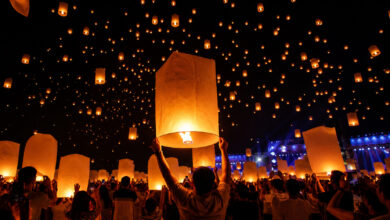 People releasing sky lanterns during Hyderabad Lantern Festival on May 9.