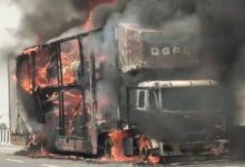 10 Maruti cars reduced to ashes after container truck catches fire in Medak