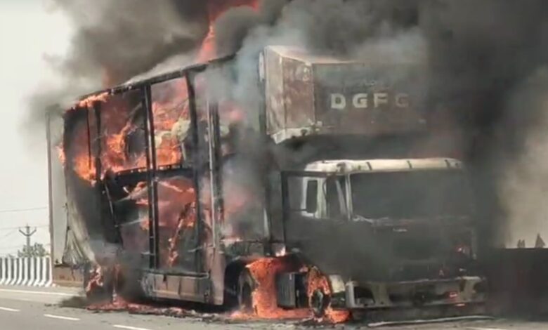 10 Maruti cars reduced to ashes after container truck catches fire in Medak