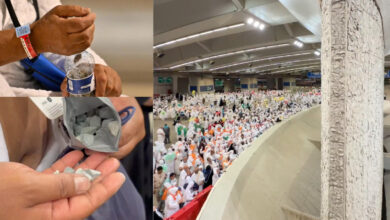 Haj pilgrims collect pebbles and perform the Jamarat stoning ritual at Mina during Eid al-Adha.