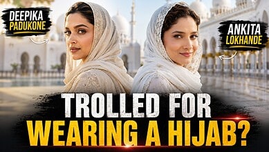 Deepika Padukone and Ankita Lokhande wearing hijabs at a cultural site, promoting modest fashion and cult.