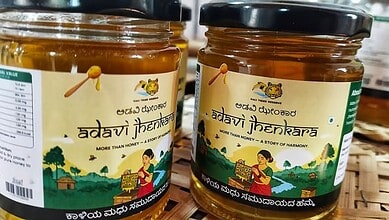 Sweet honey jars with traditional Indian artwork and landscape background, showcasing natural honey produ.