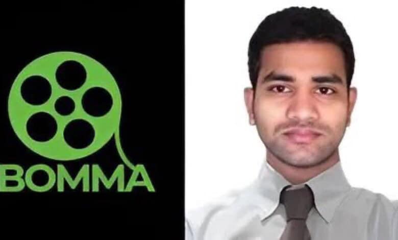 Young man in formal attire with IBOMMA logo on a black background, promoting online movie streaming servi.