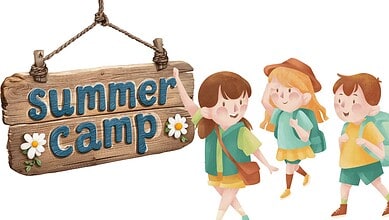 Children at Hyderabad summer camp with backpacks, enjoying outdoor activities.