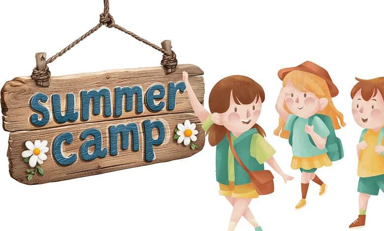 Children at Hyderabad summer camp with backpacks, enjoying outdoor activities.