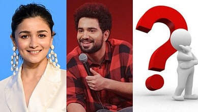 A young woman smiling with earrings, a man speaking into a microphone, and a 3D figure with a red questio.