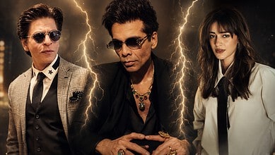 Bollywood stars in dramatic pose with lightning, showcasing style and charisma.