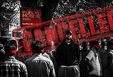 Karma, a rapper from Dehradun, surrounded by protesters with a "Cancelled" stamp overlay.