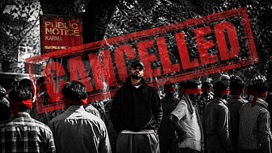Karma, a rapper from Dehradun, surrounded by protesters with a "Cancelled" stamp overlay.
