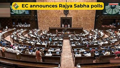 Parliament session with members voting in Rajya Sabha polls, officials overseeing the process.