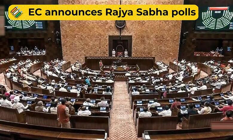 Parliament session with members voting in Rajya Sabha polls, officials overseeing the process.