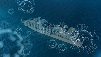 Illustration of a cruise ship with virus icons representing hantavirus outbreak concerns.