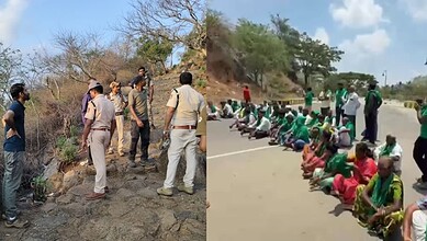 Community gathering and officials inspecting outdoor area with people seated on the road.
