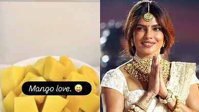 Brightly coloured mango slices with a "Mango love" caption on the left; joyful woman in traditional attir.