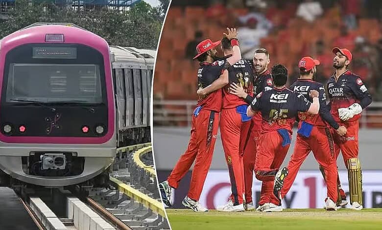 Train arriving at station with a cricket team celebrating on the field.
