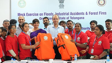 Emergency preparedness training session on floods, industrial accidents, and forest fires in Telangana wi.