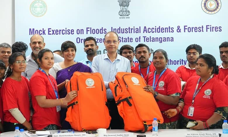 Emergency preparedness training session on floods, industrial accidents, and forest fires in Telangana wi.