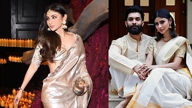 Mouni Roy and Suraj Nambiar at a traditional event, amid marriage rumours and speculation.