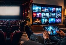A cinema or home theatre setup with people watching a large screen and a person using a tablet to browse.