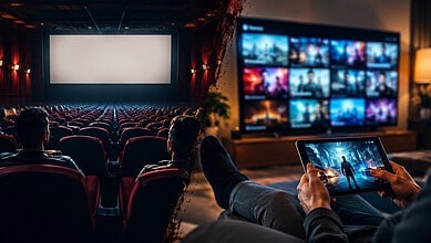 A cinema or home theatre setup with people watching a large screen and a person using a tablet to browse.