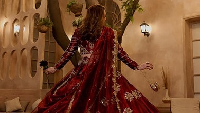 A woman in a traditional red bridal dress with intricate embroidery, standing outdoors with a tree and wa.