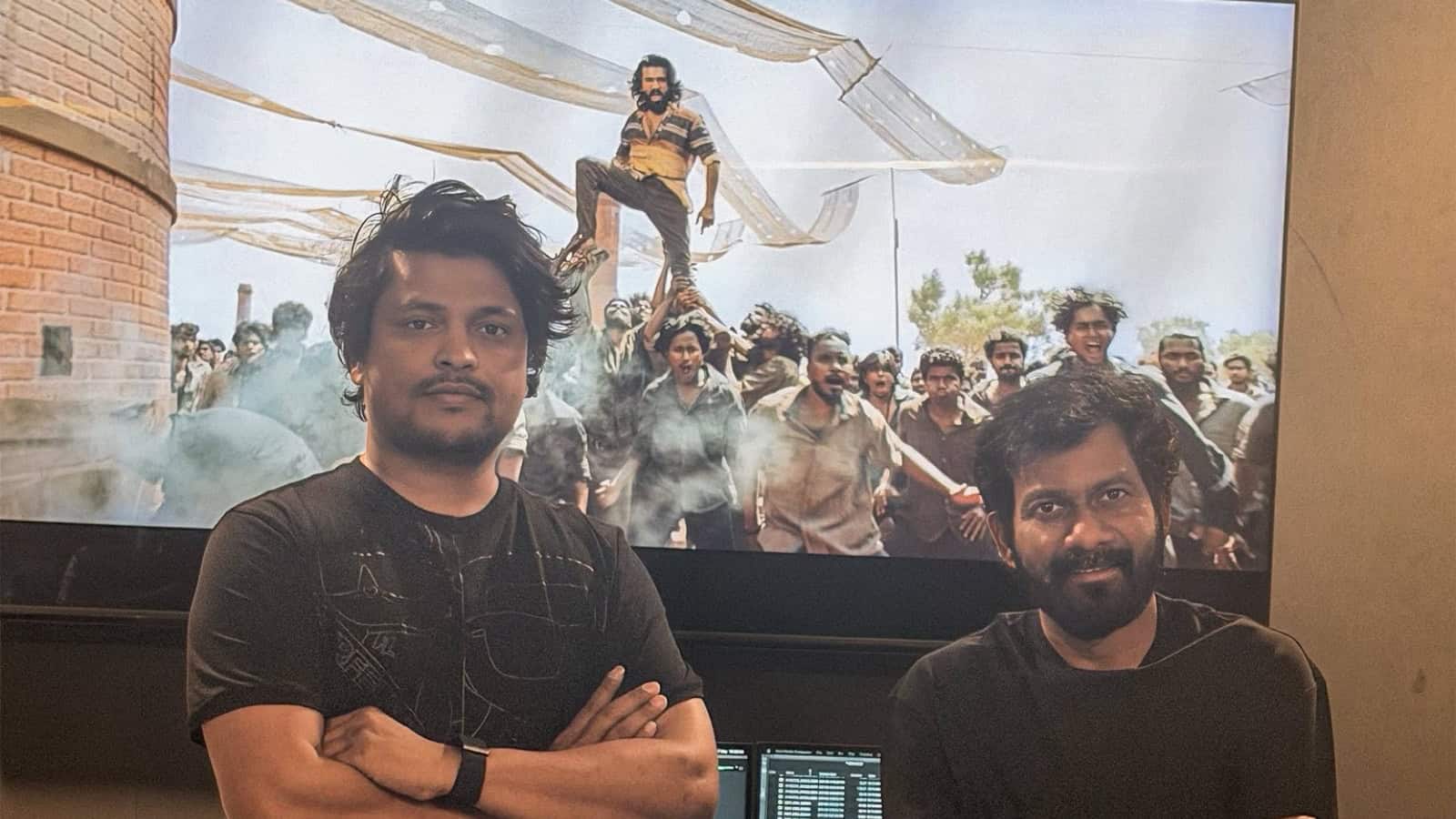 Ram Charan and team at 'Peddi' film event with fans and media.