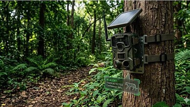 Trail camera mounted on a tree in a dense forest, capturing wildlife activity for surveillance and resear.