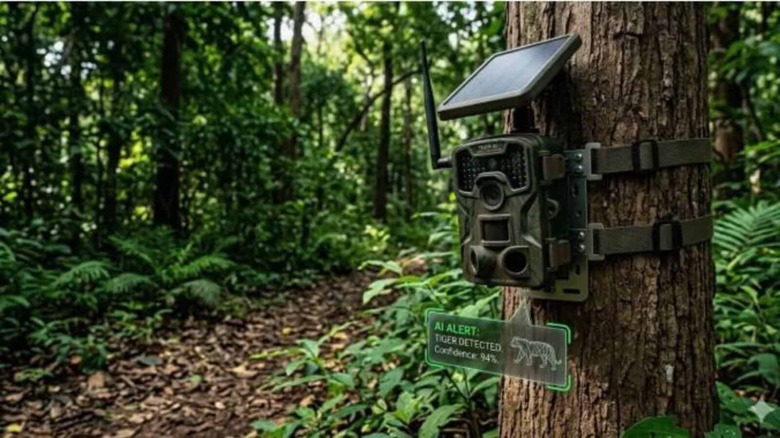 Trail camera mounted on a tree in a dense forest, capturing wildlife activity for surveillance and resear.